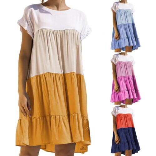 HOT SALES!!!Women Dress Short Sleeve Ruffle Color Block Large Hem Cotton Blend A-line Dress for Spring/Summer