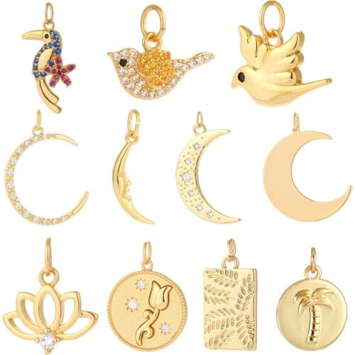Cute Moon Flower Bird Pendant Charms for Jewelry Making SuppliesDiy Earring Bracelet Necklace Gold Charms Copper Zircon Resin