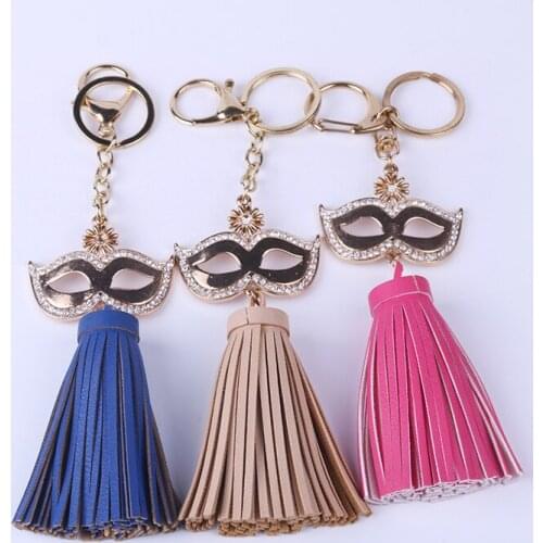 Fashion PU Leather Long Tassel Key Chain Female Prom Mask Inlaid Rhinestone Key Rings Jewelry For Women