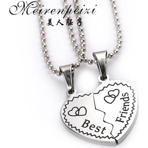 Set of 2 Best Friends Tag Pendants Necklaces Silver Color Carved "BEST FRIENDS" Message Two-heart Charm Puzzle Jewelry