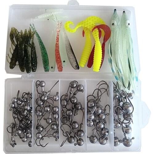 86PCS Fishing hooks and Fishing lures set Jig head hook soft lures hook Octopus skirt Silicone worm fish Imitation crab with hoo