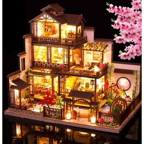 New Japanese Architecture Big Villa Casa Doll House Miniature Furniture Set With Light Large Dollhouse Toys for Adults Gifts