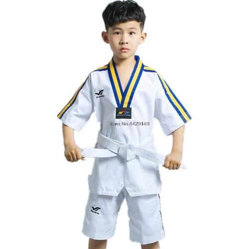 Taekwondo Clothes Summer Short Sleeve WTF Doboks Child Adult Training Uniform Comfortable Blue yellow Stripes Collar