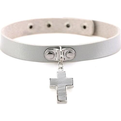White Grey Beige Leather Ban Simple Cross Charm Button Cotton Adjustable Choker Necklaces For Women All-match Clothes