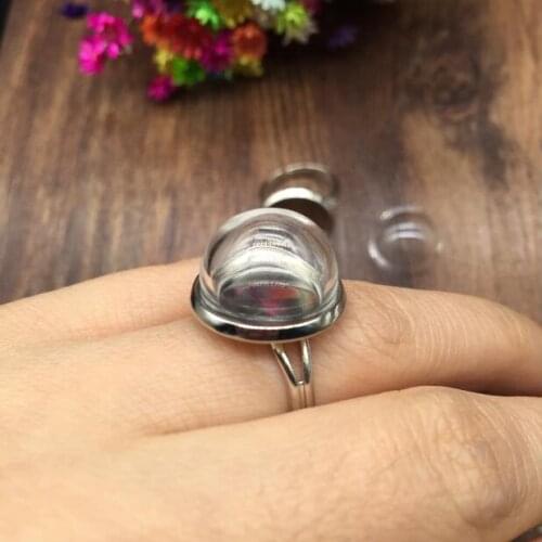 20sets silver plated adjustable ring tray setting 16mm clear half round glass cover jewelry DIY finding making charm handcraft