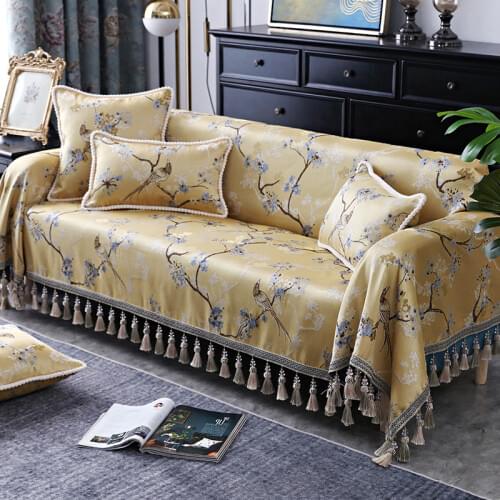 Birds Printed Tassels 3-seater Couch Cover for Recliner Sofa Chair Single Loveseat Sofa Covers for Living Room Sofa Towel Yellow
