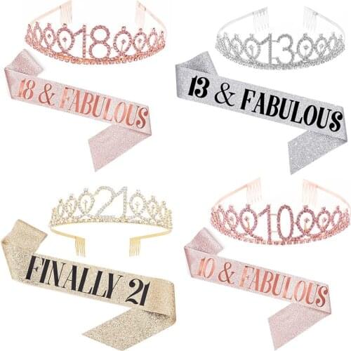 Girl Birthday Party FABULOUS/FINALLY Etiquette Belt Crystal Crown Tiara Birthday Shoulder Strap Anniversary Happy 13 18 21 30 40