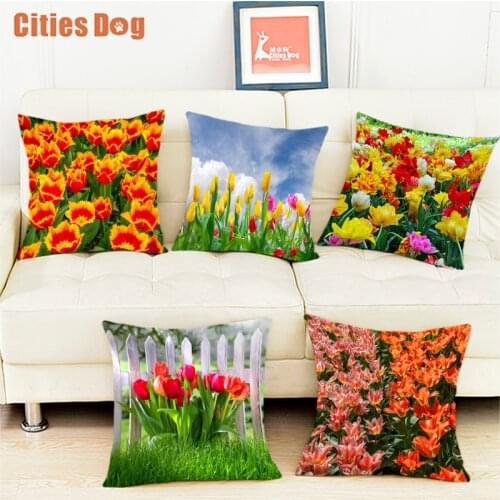 Hundred flowers Plant flowers red white green leaves tulips 45*45cm square Hotel car sofa wedding decoration pillow cushion