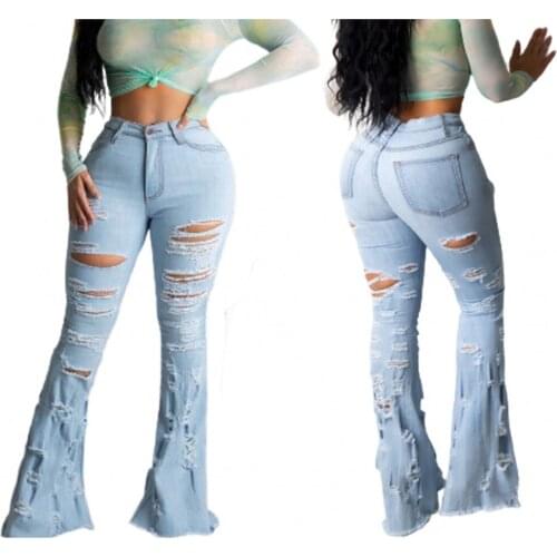 Light Blue Ripped Jeans African Casual Womens Trousers 2021 New Autumn European American Fashion Slim-Fit Denim Flared Pants