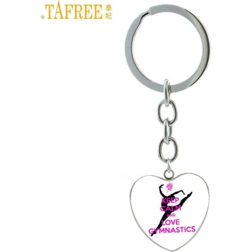 TAFREE Keep Calm And Love Gymnastics heart shaped pendant keychain gym lover jewelry women bag car key chain ring holder HP664