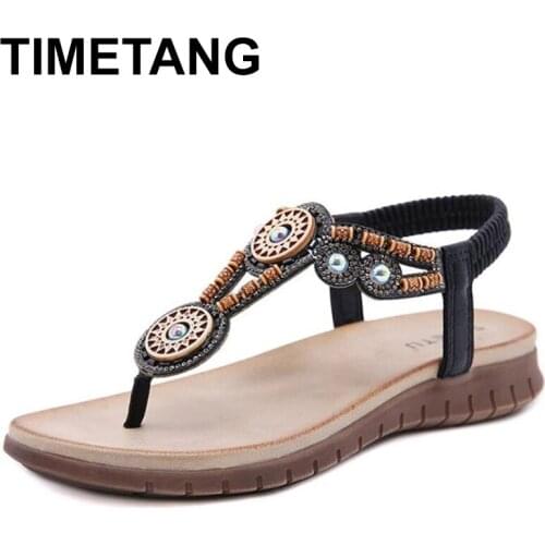 TIMETANG Womens Sandals Summer Bohemia Flat Shoes Rhinestone Ladies Flip Flops Fashion Comfortable Female Shoe
