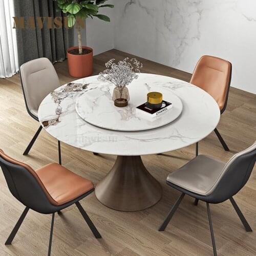 Bright And Glossy Rock Slate Dining Table And Chairs For 6 Person High-End Round Table With Turntable Kitchen Indoor Furniture