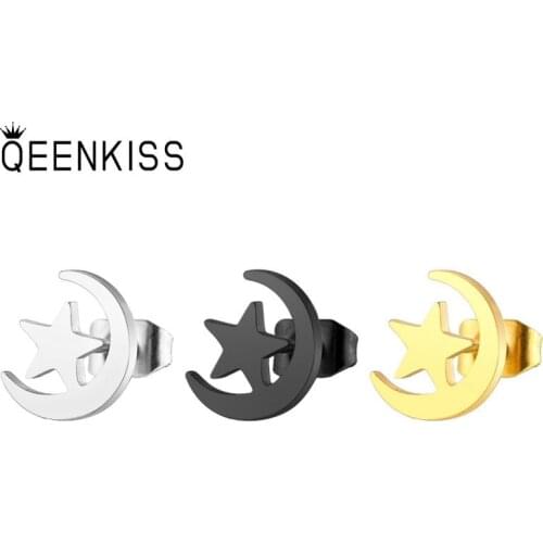 QEENKISS EG880 Fine Jewelry Wholesale Fashion Woman Man Wedding Birthday Gift Moon Titanium Stainless Steel Stud Earrings 1PC
