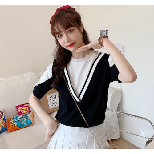 Woman TShirts Summer Pieces Patchwork Short-Sleeved T-shirt Womens Knitted Blouse Crop Top Mujer Camisetas