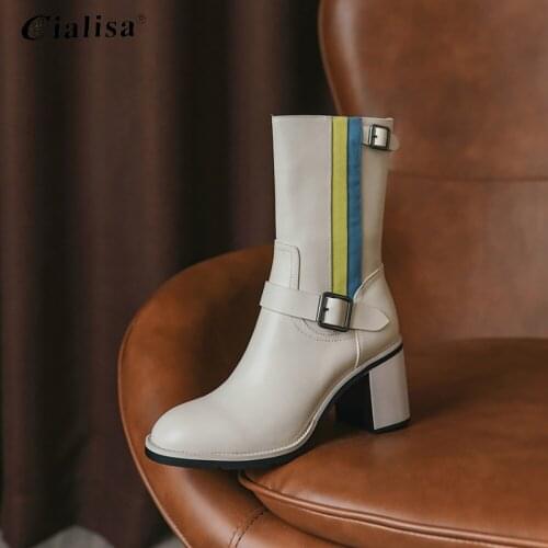 Kanseet Women Shoes High Heel Square Toe Genuine Leather Metal Decoration Lace Up Platform Zipper Thick Heel Motorcycle Boot