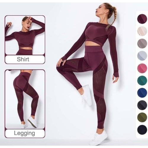 Womens Seamless Yoga Set Workout Clothes Athletic Wear Sports Gym Legging Fitness Bra Crop Top Long Sleeve Yoga Suit Sportswear