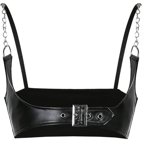 Women PU Leather Corset Crop Top Metal Chain Push Up Bustier Backless Strap Tank Vest Top Streetwear Club Party Camisole Tops