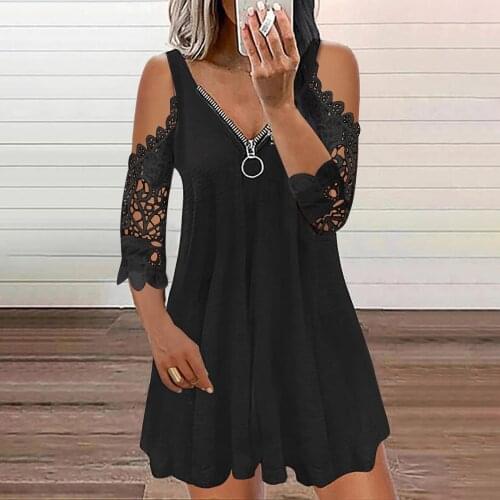 Women Fashion Dress Casual Lace V-neck Short Sleeve Strap Open Back Sexy Zipper Dress Cold Shoulder Dress Roupas Feminina #G3