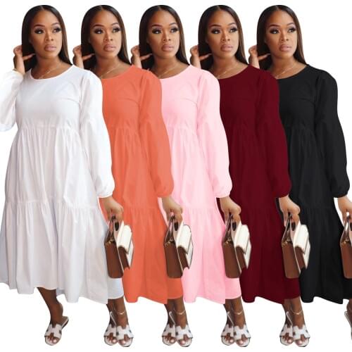 Ruffled Casual Loose Dress Ladies Home Wear Dresses Long Sleeve O-neck Solid Color Retro Dress Spring Fall Vintage Clothes