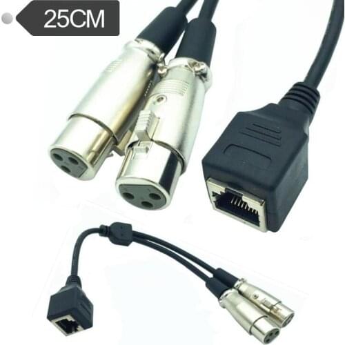 1pc 2 XLR 3 Pin Female To RJ45 Female Network Adapter Connector Cable(25cm)