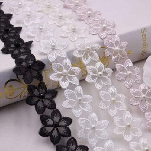 1 yards 35mm Flower Embroidered Pearl Lace Organza Satin Ribbons DIY Gift Packaging Hair Bow Sewing Materials