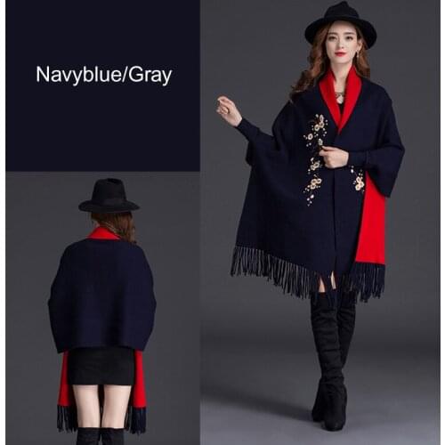 Brand New design with sleeve Poncho scarf winter warm cashmere Embroidery Cape tassel Blanket wrapped scarf shawl For Women