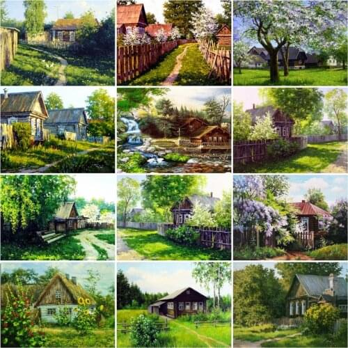 HUACAN Full Square/Round Diamond Painting Countryside Landscape Mosaic Embroidery House Cross Stitch Diamond Art