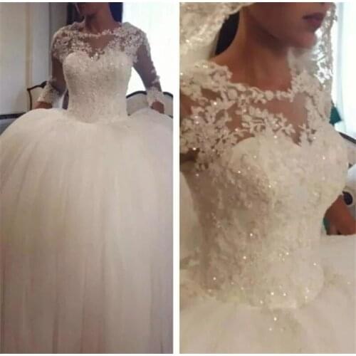 ANGELSBRIDEP 3/4 Sleeves Ball Gown Wedding Dresses Vestido De Noiva Fashion Appliques Beads Tulle Formal Wedding Bride Dress