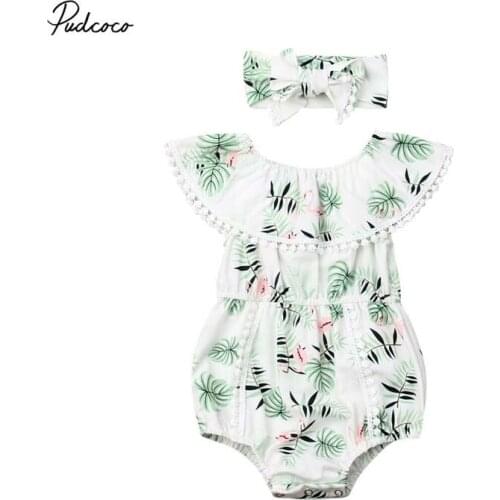 2019 Baby Summer Clothing Lovely Newborn Baby Girl Flamingo Leaves Print Clothes Ruffle Romper Jumpsuit Tassels Ball Outfit