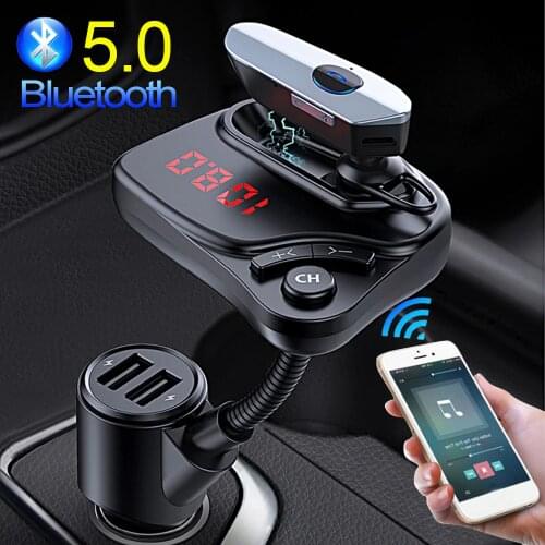 JINSERTA Bluetooth 5.0 FM Transmitter Handsfree In-ear Earphone Car MP3 Player Modulator Dual USB Charger Support TF Card