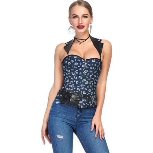 Skull Print Corset Tops Halterneck Waist Trainer Bustier Leather Pocket Slimming Corselet Backless Gorset Gothic Korsett Sexy