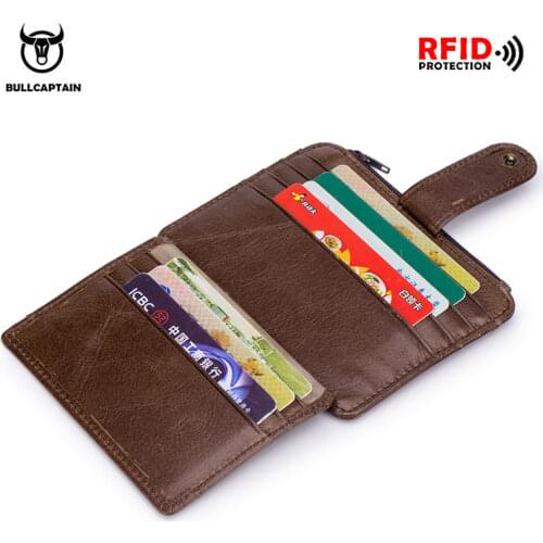 BULLCAPTAIN Genuine Leather RFID Blocking Zipper Card Holder Credit Cart Wallet Mini Slim Wallet Card & Id Holders Man Business
