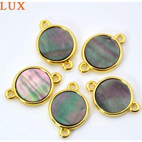 Round black shell connector mother of pearl charms gold bezel setting finding for bracelet making natural shell jewelry
