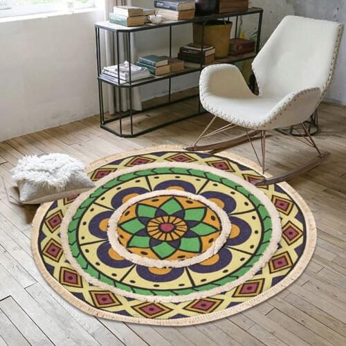 Round Cotton Linen Carpet for Living Room Large Vintage Hand Woven Area Rugs with Tassel Anti Slip Floor Mat for Bedroom