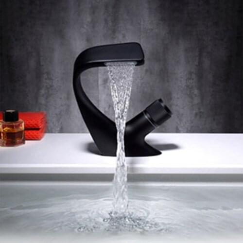 All Copper Black Washbasin Waterfall Faucet Hot and Cold Bathroom Light Luxury Basin Under Counter Single Hole Basin Faucet