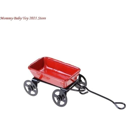 1:12 Mini Metal Red Small Pulling Cart Garden Furniture Accessorie Toy For Home Decor Gift Ornament Cute Dollhouse Miniature