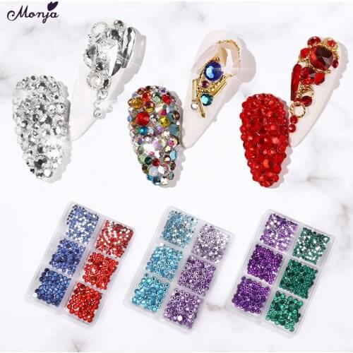 Monja 6 Grids/Box Nail Art Crystal AB Rhinestone Shape Gems Diamond Flat Back Nail Manicure Decoration with Picking Dotting Pen