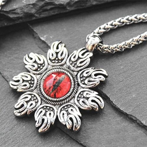 Retro Personality Creative Red Eye Flame Sun Flower Pendant Mens Necklace Domineering Hipster Hip-hop Sweater Chain