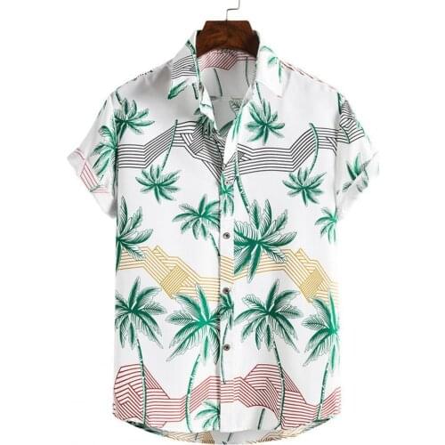 Men Stripes/Tree Printed Short Sleeve Turn-down Collar Slim Hawaiian Shirt Beachwear for Travel