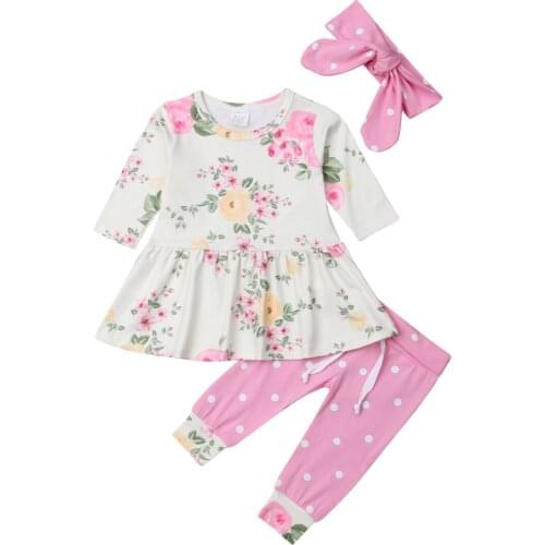 Newly Autumn Cute Infant Baby Girls 3PCS Sets Floral Print Dress Tops+Pink Long Pants+Headband Outfit 0-24M
