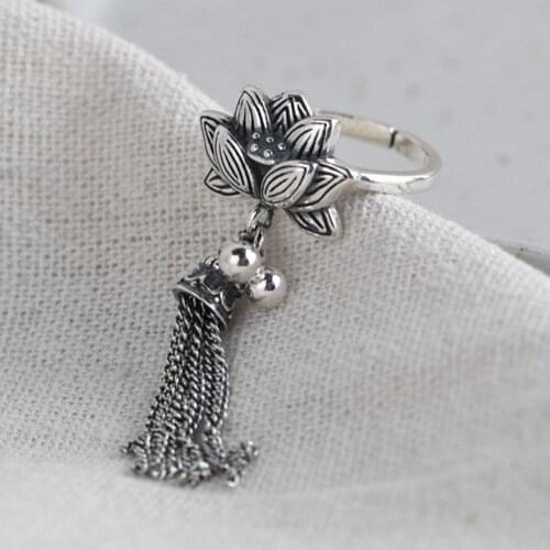 New S925 pure silver jewelry fashion lotus silver beads tassel pendant female models adjustable lotus Thai silver woman ring
