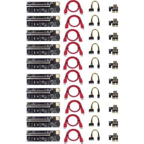 10Pack VER009S Plus PCI-E Riser Card PCI Express 1X To16X Adapter with USB 3.0 Cable SATA to 6Pin Power Cable for Mining