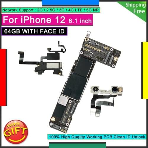Unlocked Motherboard For IPhone 12 64GB WITH FACE ID Factory Free iCloud Plate Original Mainboard Good Working Logic Board