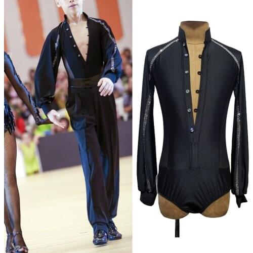New Style Latin Dance Competition Wear Men Rhinestone Long Sleeve Practice Shirt Tango ChaCha Performance Stage Clothes VDB3933