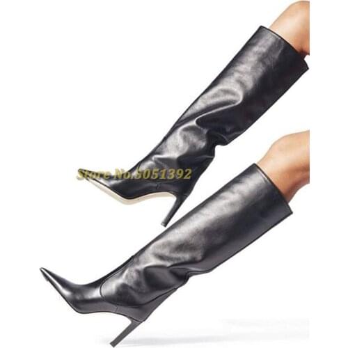 Leather Knee Hihg Boots Thin High Heel Rivet Slip On Pointed Toe Dress Women Boots Custom Made Women High Heel Dress Ladies Boot