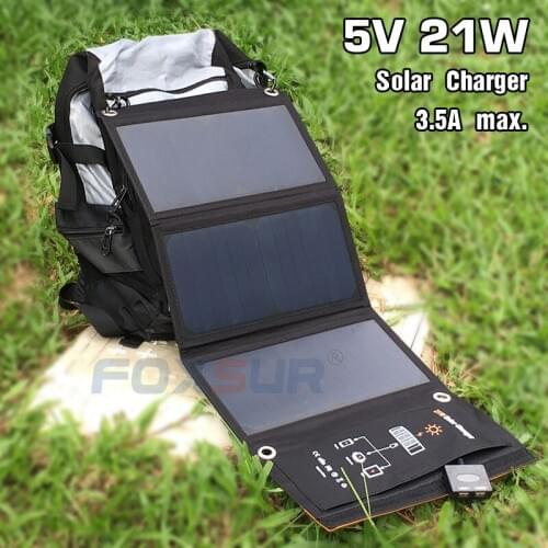 FOXSUR 5V 21W Outdoor Solar Panel Charger 5V 3.5A max. Foldable charger, Portable Dual Output travel Charger,No mans land use