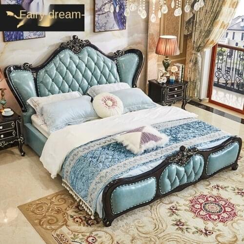 Xianmengyuan European style solid wood leather bed double bed ebony luxury villa bedroom furniture wedding bed American style