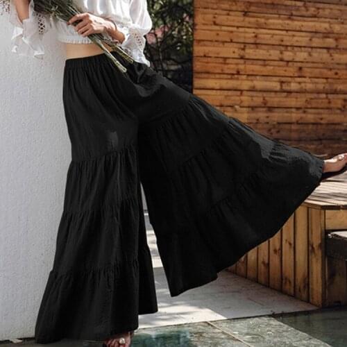 Hirigin Women Solid Color Skirt Trousers Loose Causal Elastic Waist Wide Leg Long Pants Spring Autumn Beach Style Pants Capris