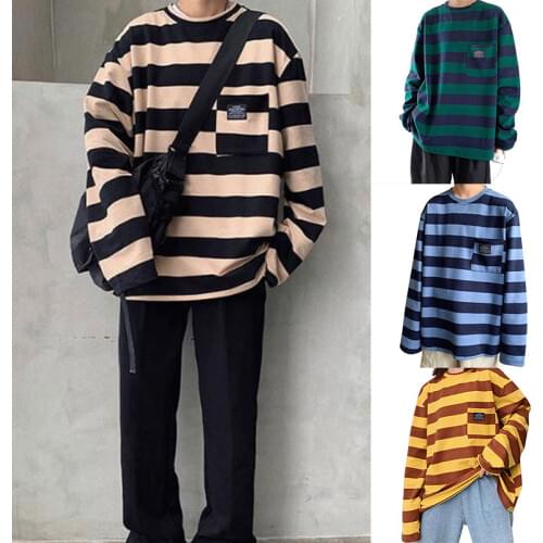 Women Student Couple Long Sleeve Round Collar Striped Casual Loose T-shirt Top d88