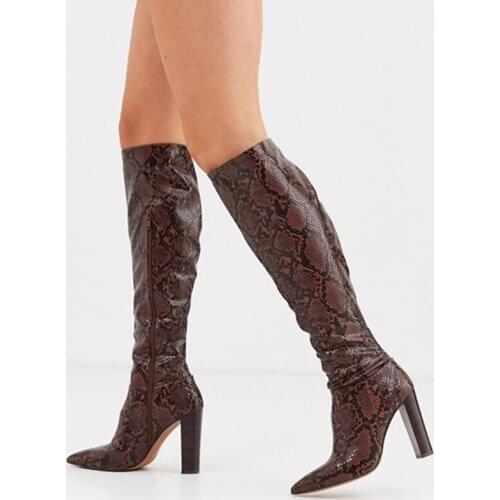 Chocolate Snakeskin Embossed High Square Heels Knee Women Boots Zipper Pointed Toe Big Size 11 15 Ladies Fashion Shoes Shofoo